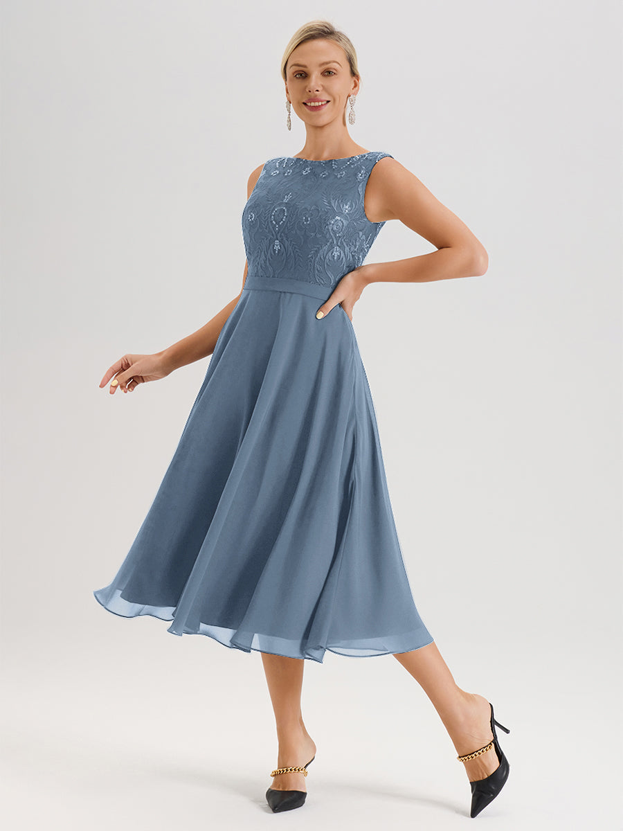 Cicinia Robe Deux-Pièces Mère De La Mariée Bleu De Schiste Trapèze Mousseline Dentelle Col Rond Manche 3/4 Longueur Mi-Mollet