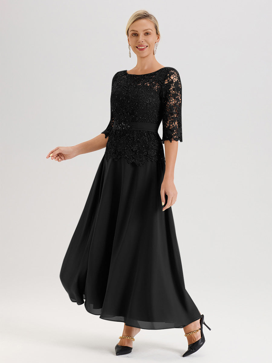 Cicinia Robe Mère De La Mariée Noir Longueur À La Cheville Col Rond Demi Manche En Mousseline Dentelle Trapèze