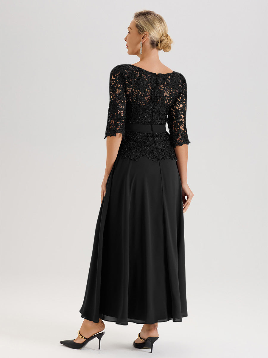 Cicinia Robe Mère De La Mariée Noir Longueur À La Cheville Col Rond Demi Manche En Mousseline Dentelle Trapèze