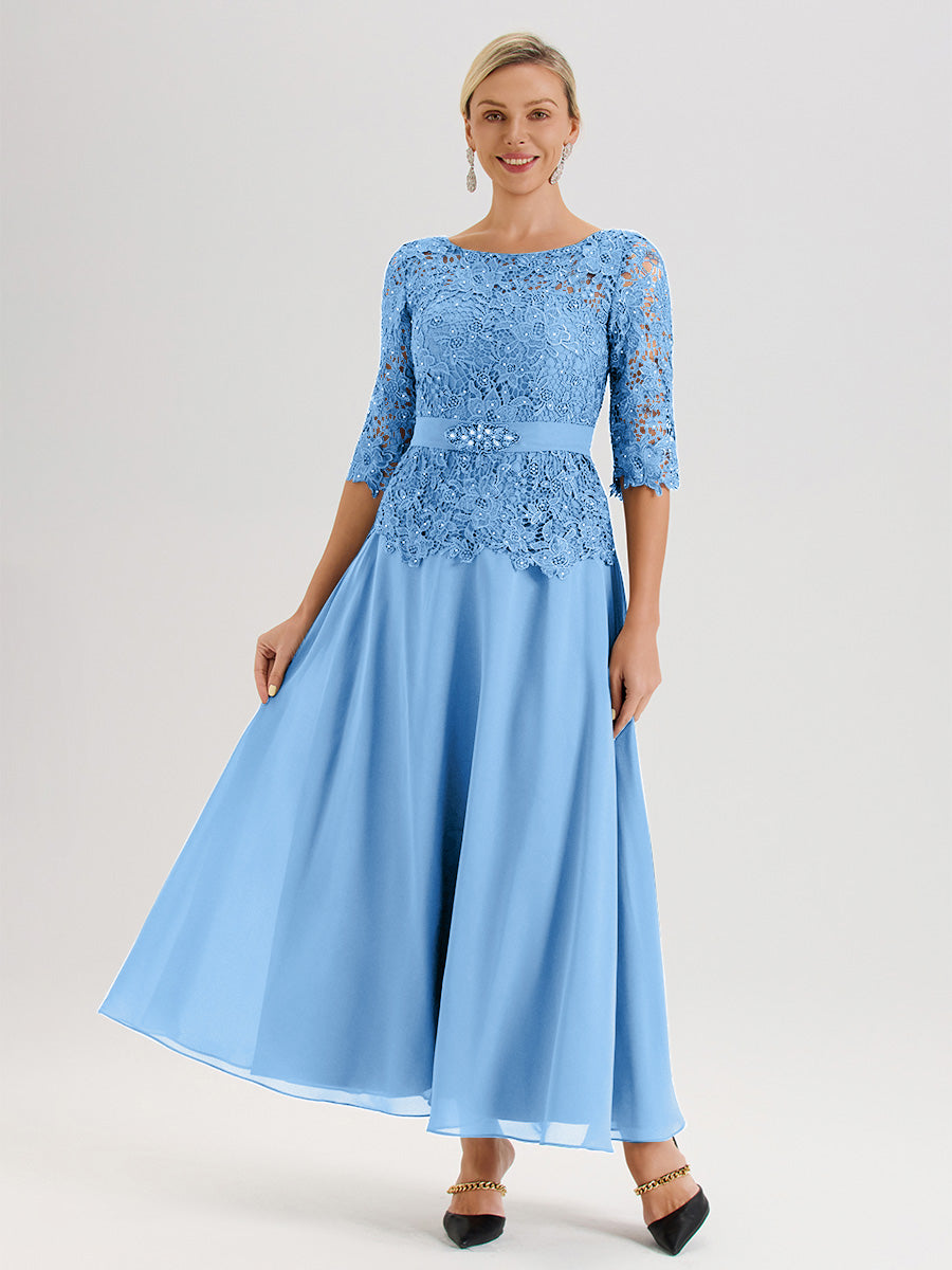 Cicinia Robe Mère De La Mariée Bleu Longueur À La Cheville Col Rond Demi Manche En Mousseline Dentelle Trapèze