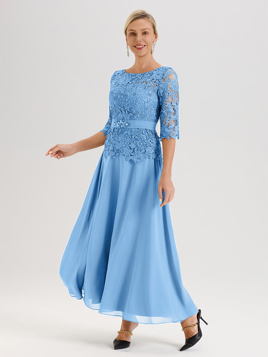 Cicinia Robe Mère De La Mariée Bleu Longueur À La Cheville Col Rond Demi Manche En Mousseline Dentelle Trapèze