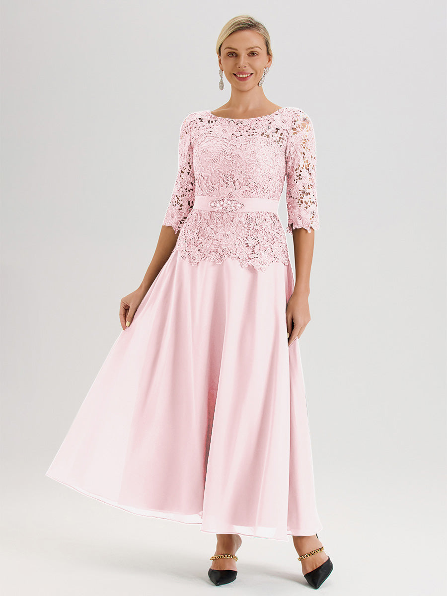 Cicinia Robe Mère De La Mariée Rose Pale Longueur À La Cheville Col Rond Demi Manche En Mousseline Dentelle Trapèze