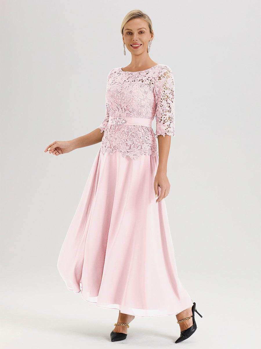 Cicinia Robe Mère De La Mariée Rose Pale Longueur À La Cheville Col Rond Demi Manche En Mousseline Dentelle Trapèze