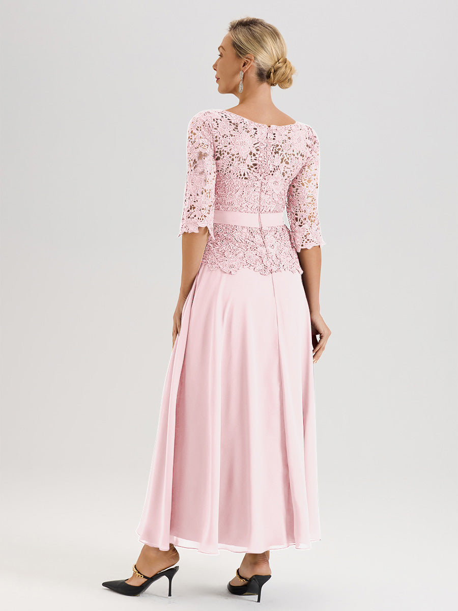 Cicinia Robe Mère De La Mariée Rose Pale Longueur À La Cheville Col Rond Demi Manche En Mousseline Dentelle Trapèze