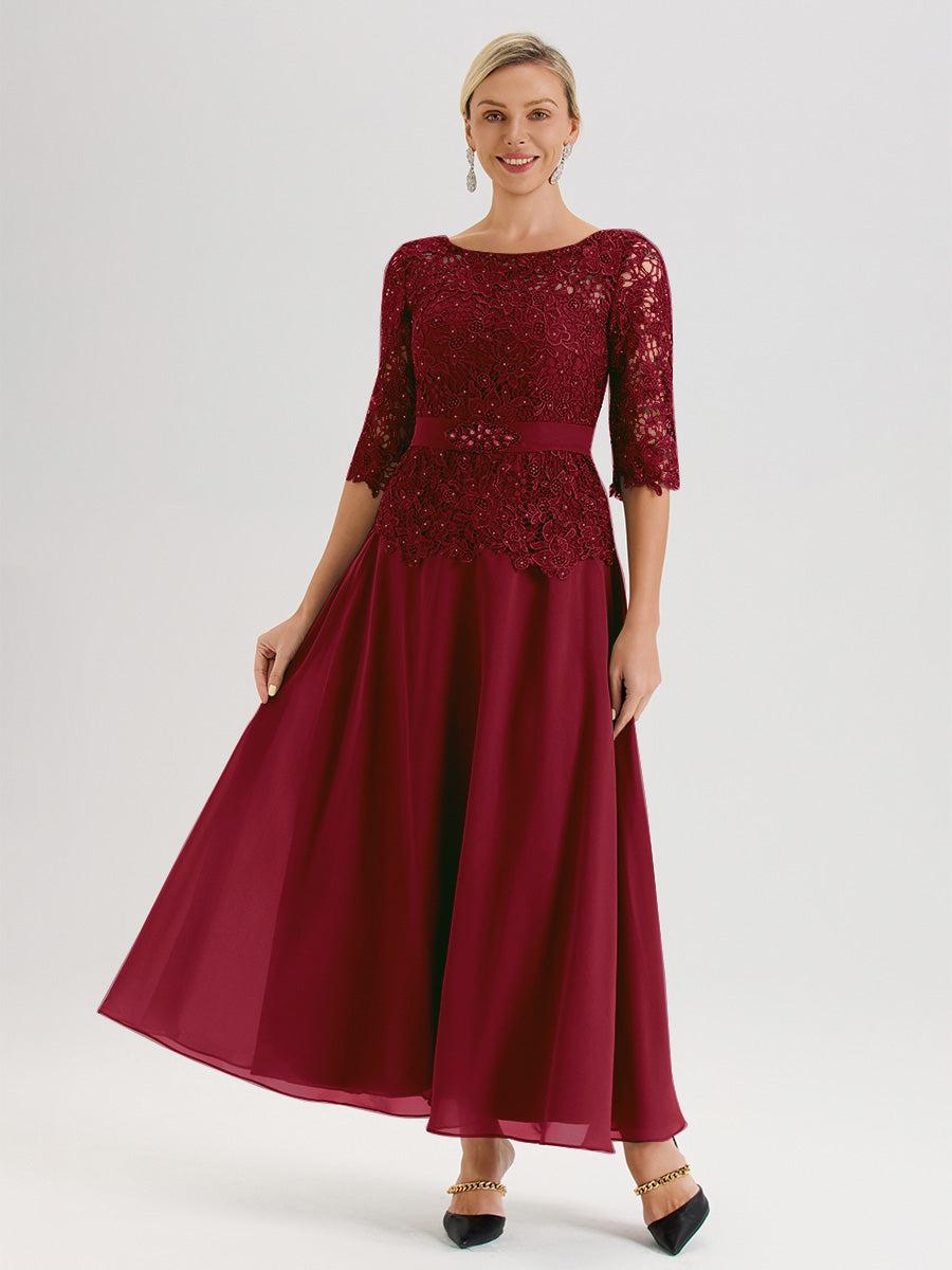 Cicinia Robe Mère De La Mariée Couleur Bordeaux Longueur À La Cheville Col Rond Demi Manche En Mousseline Dentelle Trapèze