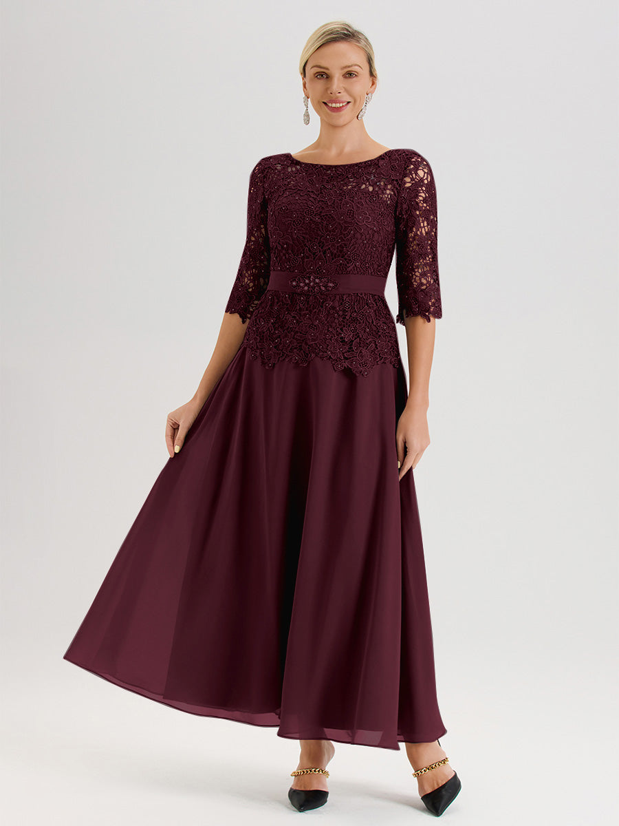 Cicinia Robe Mère De La Mariée Cabernet Longueur À La Cheville Col Rond Demi Manche En Mousseline Dentelle Trapèze