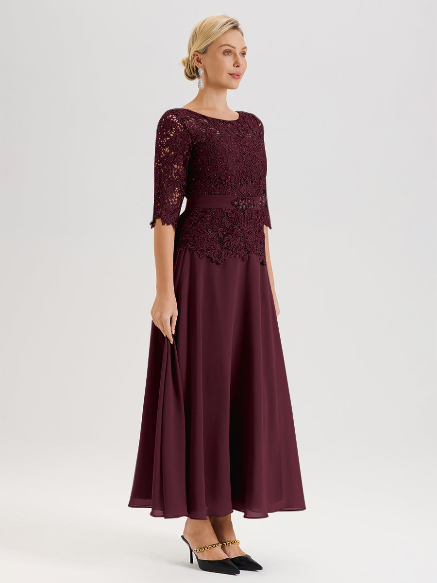 Cicinia Robe Mère De La Mariée Cabernet Longueur À La Cheville Col Rond Demi Manche En Mousseline Dentelle Trapèze