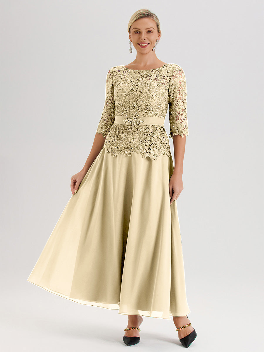 Cicinia Robe Mère De La Mariée Couleur Champagne Longueur À La Cheville Col Rond Demi Manche En Mousseline Dentelle Trapèze