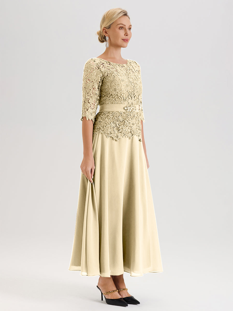 Cicinia Robe Mère De La Mariée Couleur Champagne Longueur À La Cheville Col Rond Demi Manche En Mousseline Dentelle Trapèze