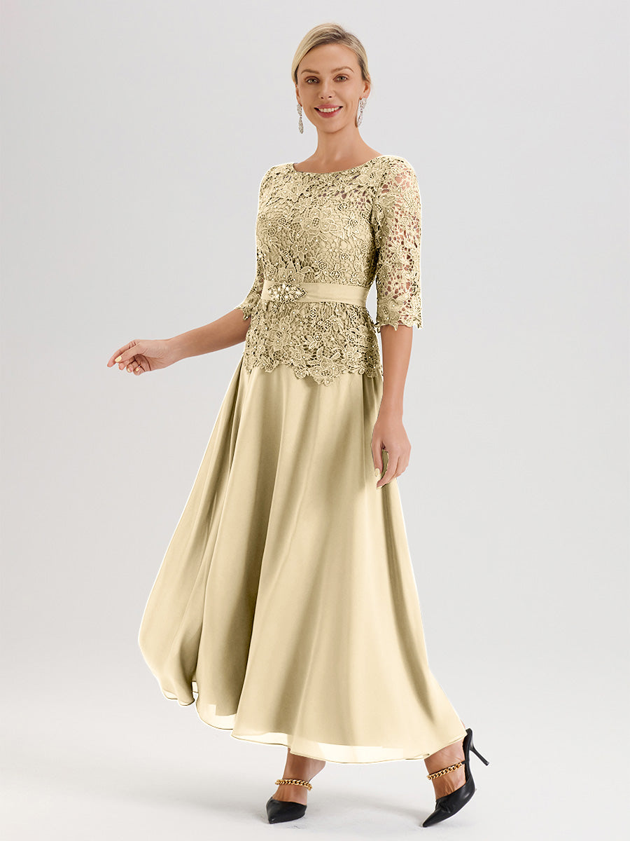 Cicinia Robe Mère De La Mariée Couleur Champagne Longueur À La Cheville Col Rond Demi Manche En Mousseline Dentelle Trapèze