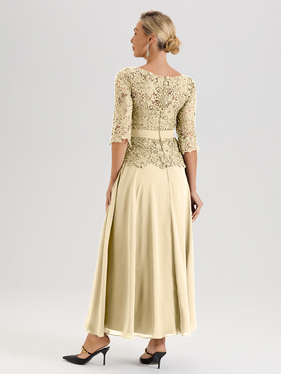 Cicinia Robe Mère De La Mariée Couleur Champagne Longueur À La Cheville Col Rond Demi Manche En Mousseline Dentelle Trapèze