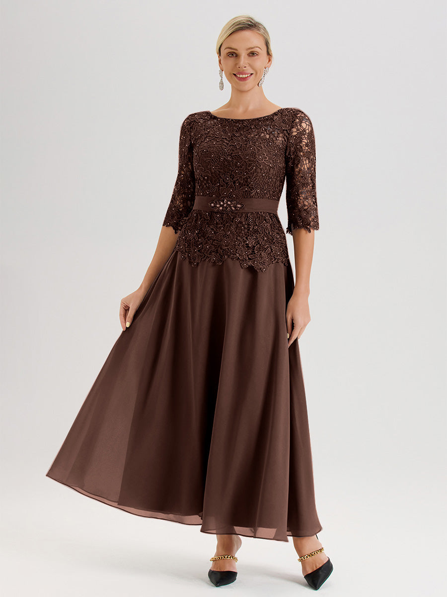 Cicinia Robe Mère De La Mariée Marron Chocolat Longueur À La Cheville Col Rond Demi Manche En Mousseline Dentelle Trapèze