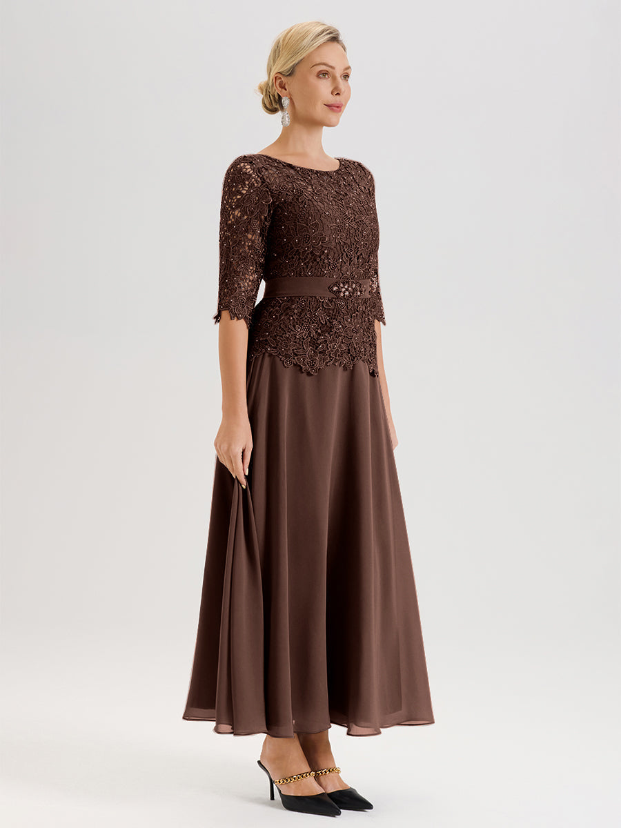 Cicinia Robe Mère De La Mariée Marron Chocolat Longueur À La Cheville Col Rond Demi Manche En Mousseline Dentelle Trapèze