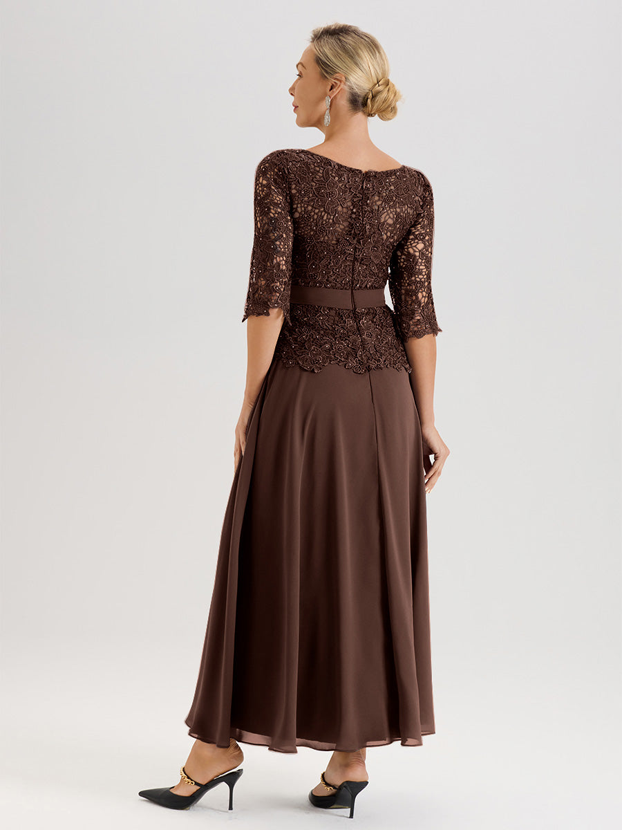 Cicinia Robe Mère De La Mariée Marron Chocolat Longueur À La Cheville Col Rond Demi Manche En Mousseline Dentelle Trapèze