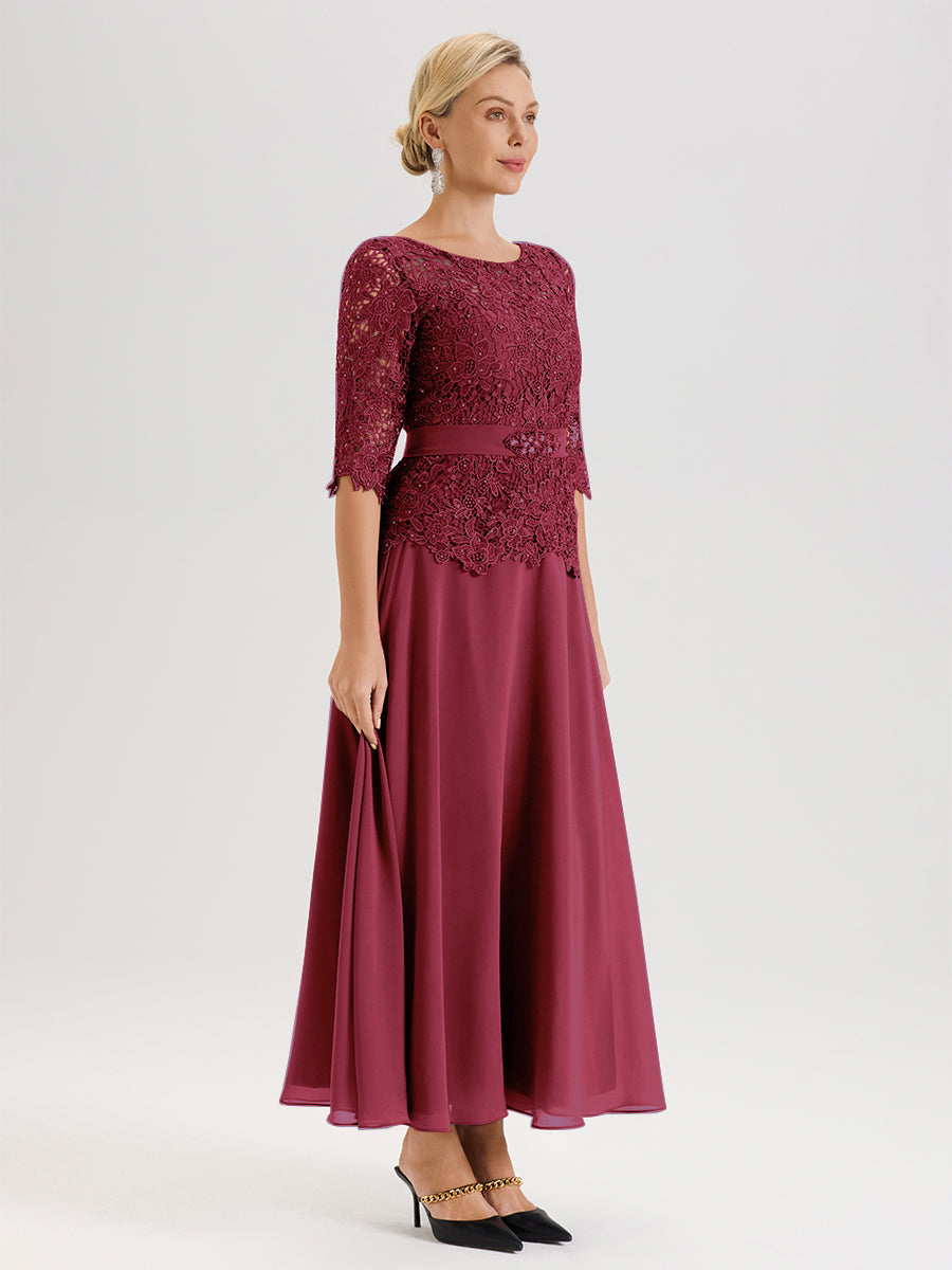 Cicinia Robe Mère De La Mariée Couleur Rose Cannelle Longueur À La Cheville Col Rond Demi Manche En Mousseline Dentelle Trapèze