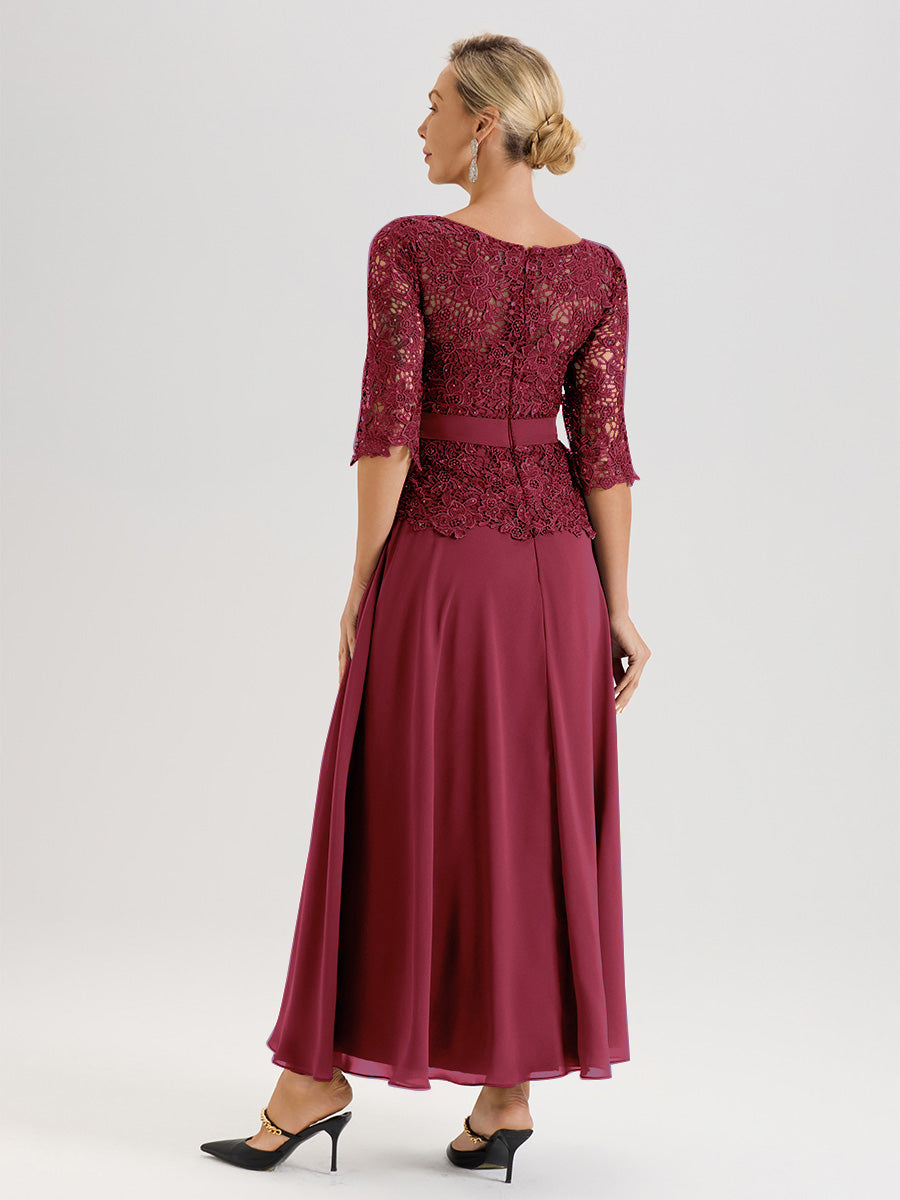 Cicinia Robe Mère De La Mariée Couleur Rose Cannelle Longueur À La Cheville Col Rond Demi Manche En Mousseline Dentelle Trapèze