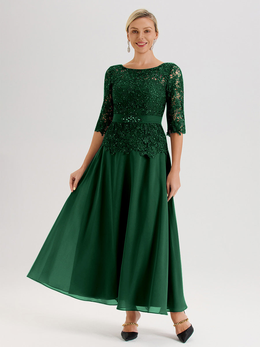 Cicinia Robe Mère De La Mariée Vert Foncé Longueur À La Cheville Col Rond Demi Manche En Mousseline Dentelle Trapèze