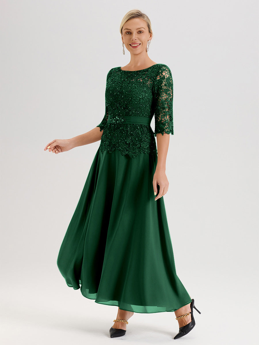 Cicinia Robe Mère De La Mariée Vert Foncé Longueur À La Cheville Col Rond Demi Manche En Mousseline Dentelle Trapèze