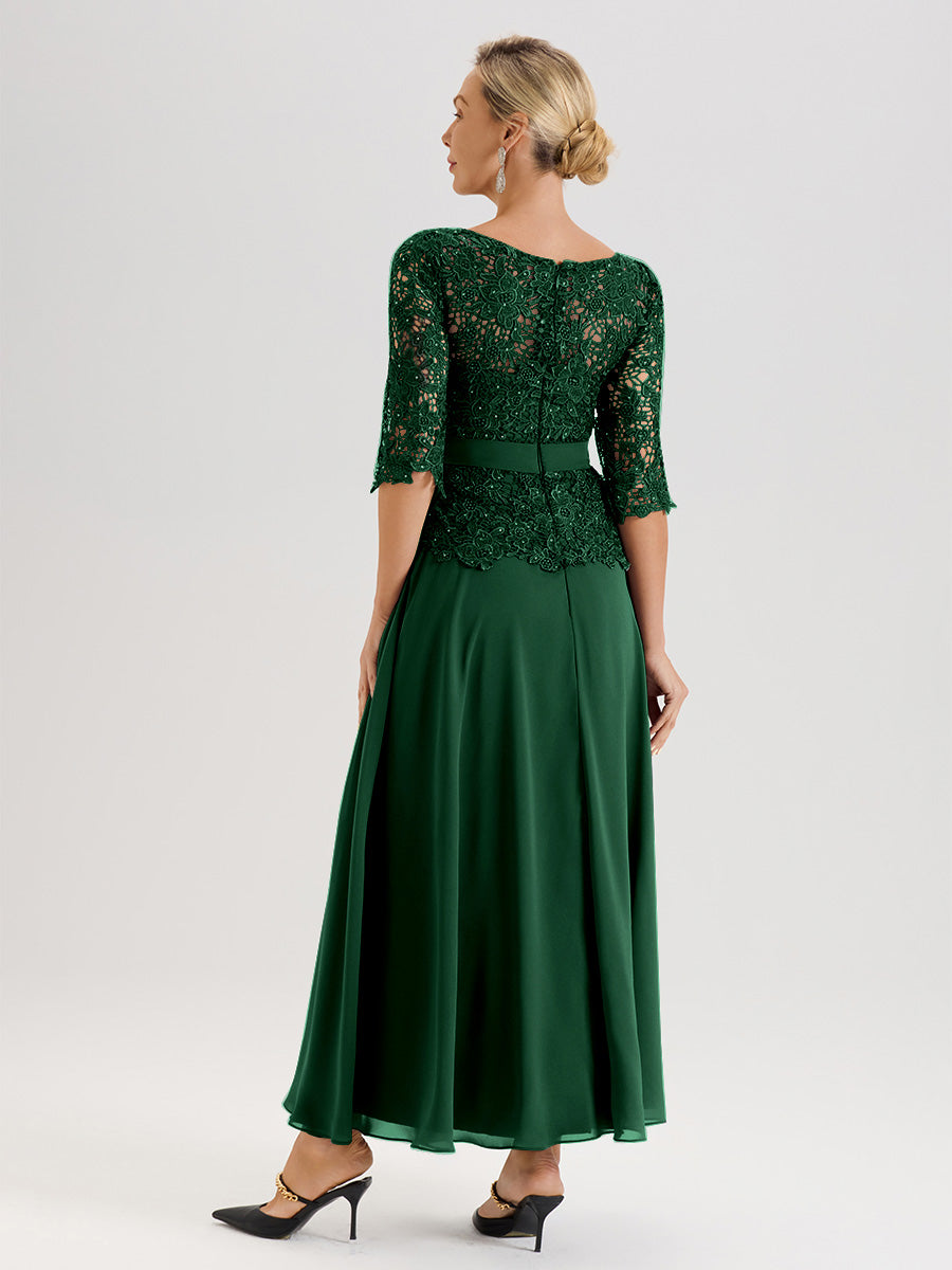 Cicinia Robe Mère De La Mariée Vert Foncé Longueur À La Cheville Col Rond Demi Manche En Mousseline Dentelle Trapèze