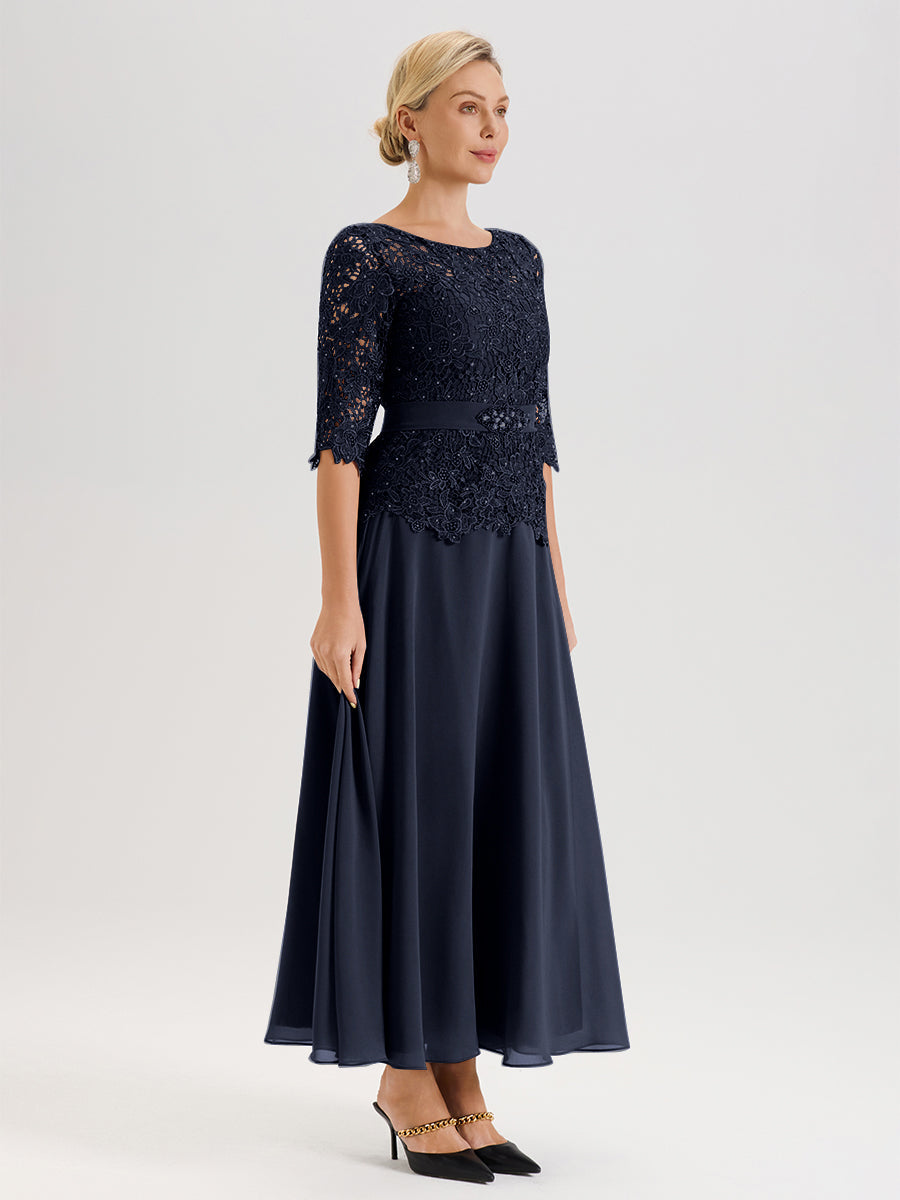 Cicinia Robe Mère De La Mariée Bleu Marine Longueur À La Cheville Col Rond Demi Manche En Mousseline Dentelle Trapèze