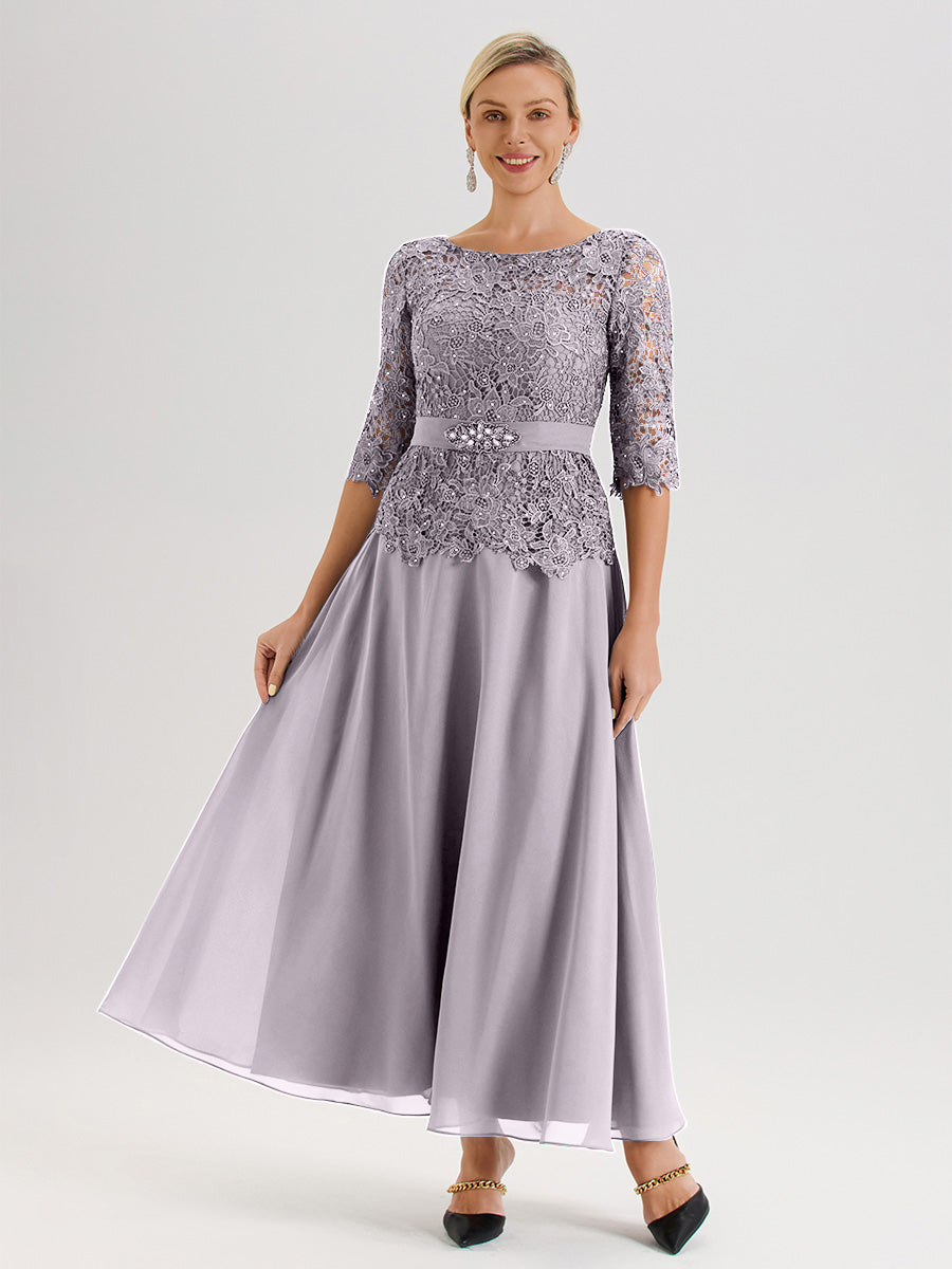 Cicinia Robe Mère De La Mariée Couleur Crépuscule Longueur À La Cheville Col Rond Demi Manche En Mousseline Dentelle Trapèze