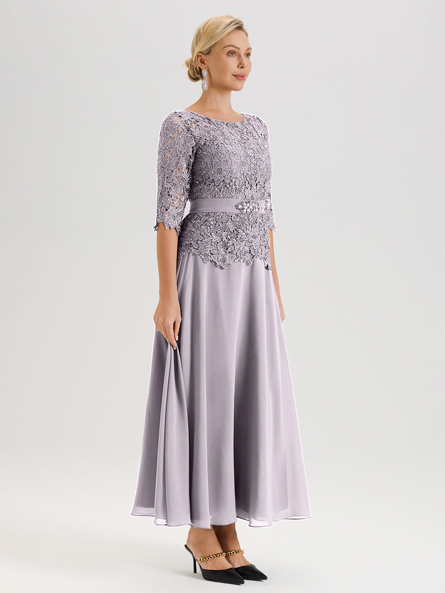 Cicinia Robe Mère De La Mariée Couleur Crépuscule Longueur À La Cheville Col Rond Demi Manche En Mousseline Dentelle Trapèze