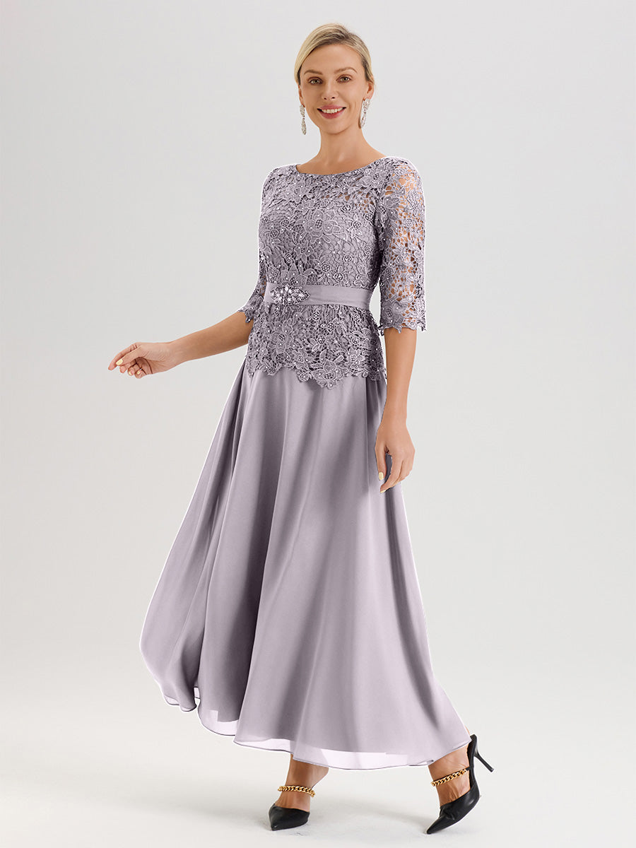 Cicinia Robe Mère De La Mariée Couleur Crépuscule Longueur À La Cheville Col Rond Demi Manche En Mousseline Dentelle Trapèze