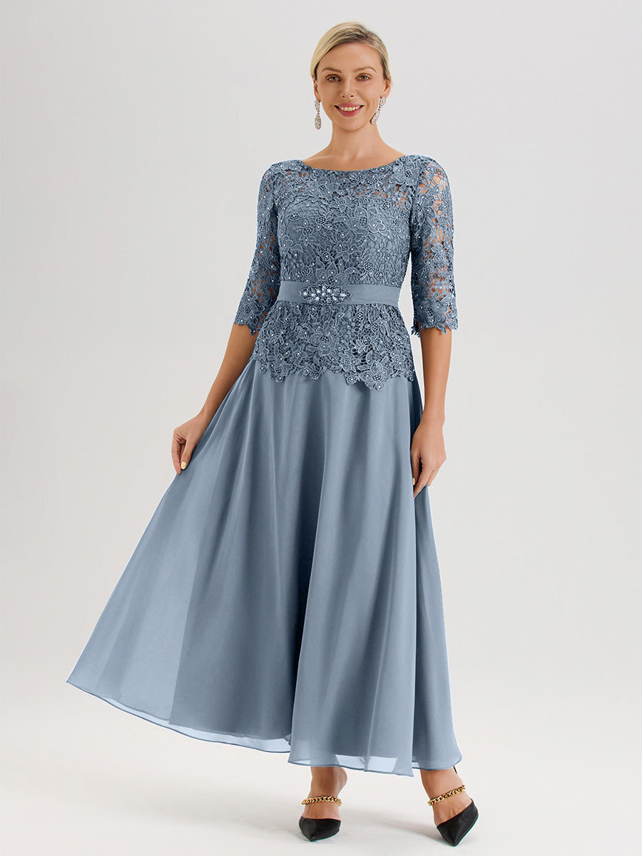 Cicinia Robe Mère De La Mariée Bleu Gris Longueur À La Cheville Col Rond Demi Manche En Mousseline Dentelle Trapèze