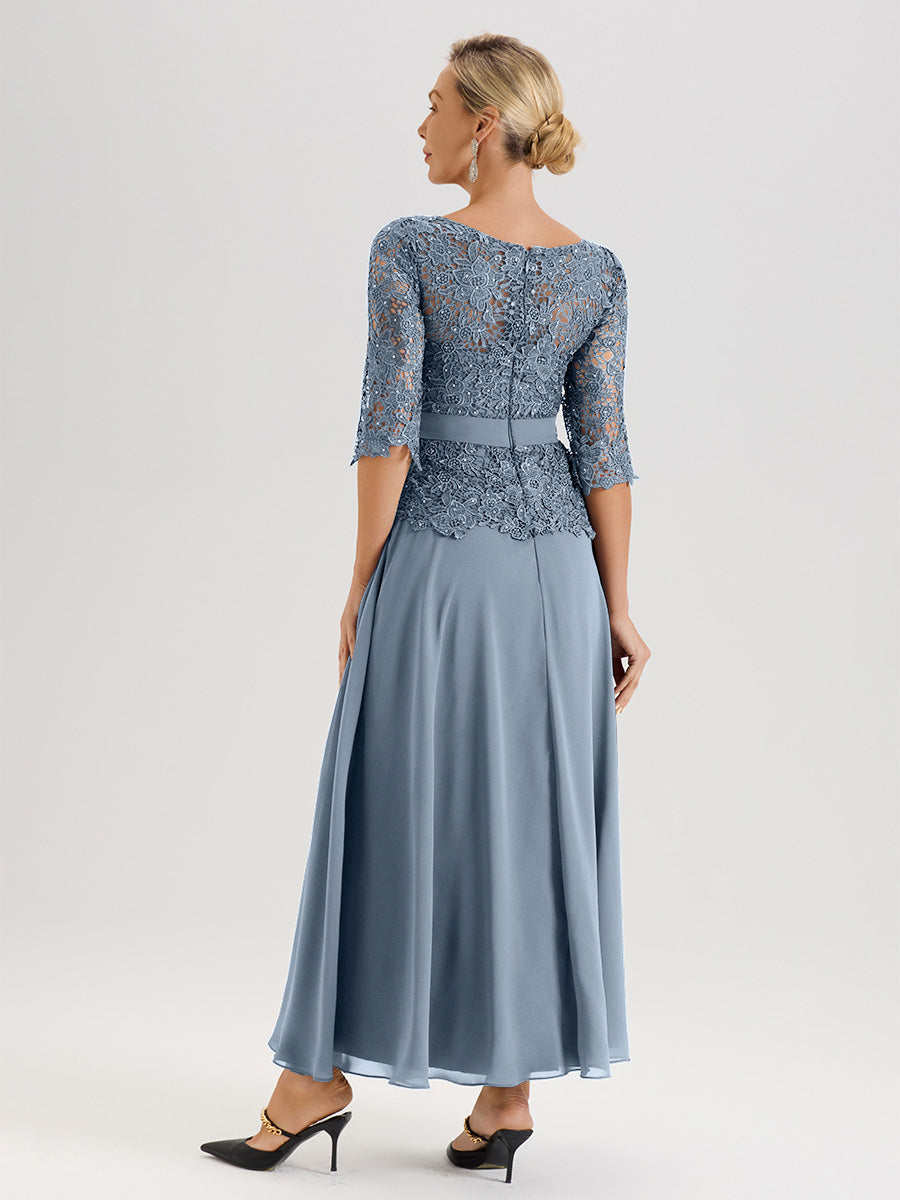 Cicinia Robe Mère De La Mariée Bleu Gris Longueur À La Cheville Col Rond Demi Manche En Mousseline Dentelle Trapèze
