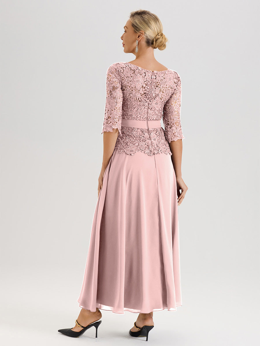 Cicinia Robe Mère De La Mariée Rose Poussiéreux Longueur À La Cheville Col Rond Demi Manche En Mousseline Dentelle Trapèze