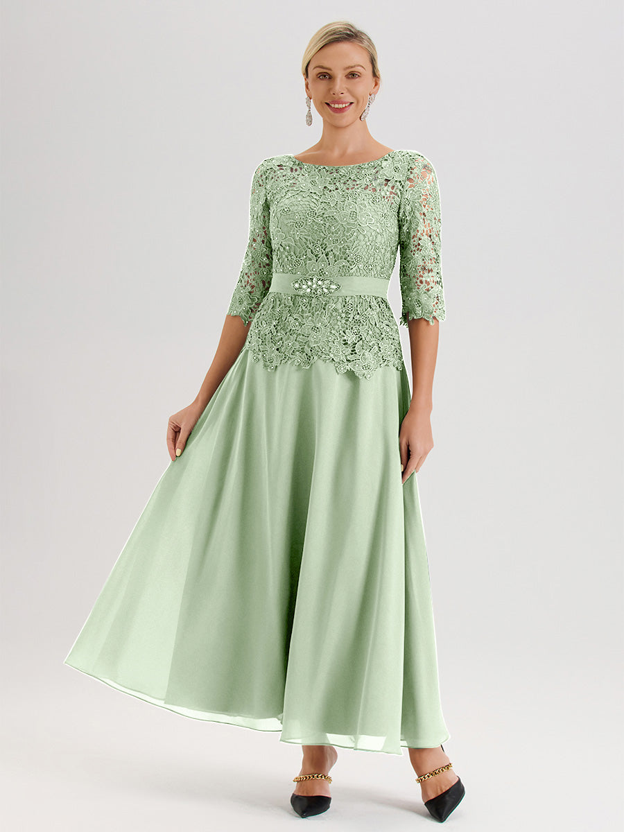 Cicinia Robe Mère De La Mariée Sauge Poussiéreux Longueur À La Cheville Col Rond Demi Manche En Mousseline Dentelle Trapèze