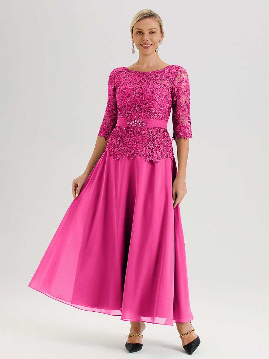 Cicinia Robe Mère De La Mariée Fuchsia Rose Longueur À La Cheville Col Rond Demi Manche En Mousseline Dentelle Trapèze