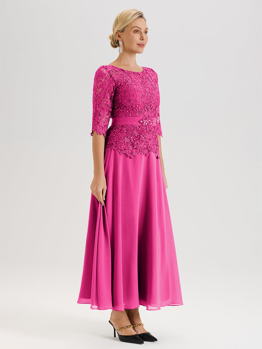 Cicinia Robe Mère De La Mariée Fuchsia Rose Longueur À La Cheville Col Rond Demi Manche En Mousseline Dentelle Trapèze