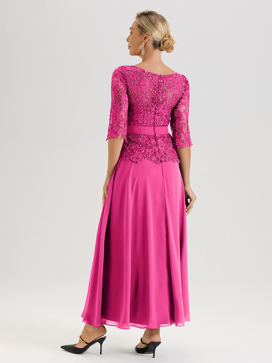 Cicinia Robe Mère De La Mariée Fuchsia Rose Longueur À La Cheville Col Rond Demi Manche En Mousseline Dentelle Trapèze