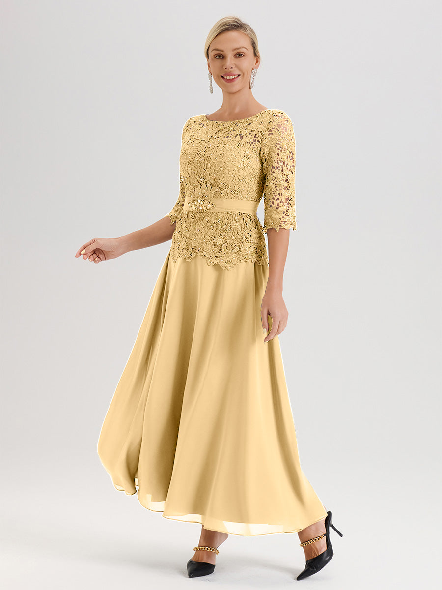 Cicinia Robe Mère De La Mariée Couleur Or Longueur À La Cheville Col Rond Demi Manche En Mousseline Dentelle Trapèze