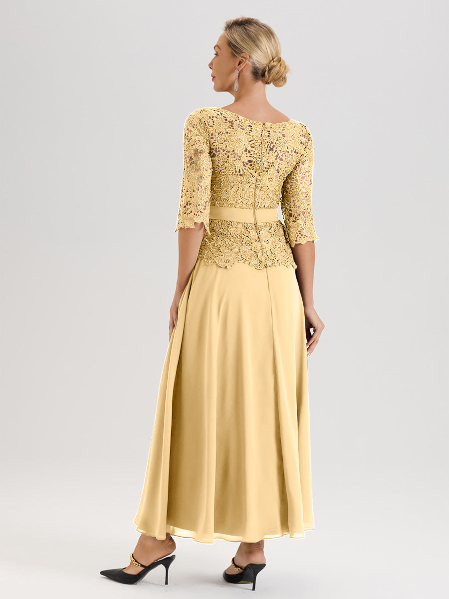 Cicinia Robe Mère De La Mariée Couleur Or Longueur À La Cheville Col Rond Demi Manche En Mousseline Dentelle Trapèze