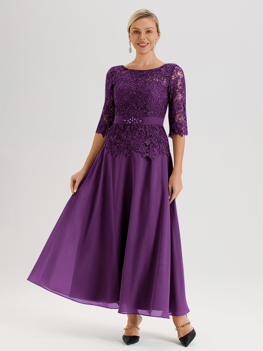 Cicinia Robe Mère De La Mariée En Raisin Longueur À La Cheville Col Rond Demi Manche En Mousseline Dentelle Trapèze