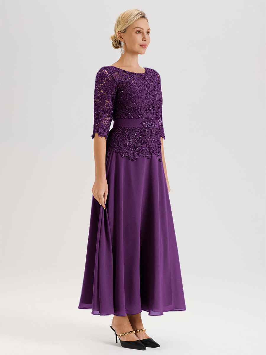 Cicinia Robe Mère De La Mariée En Raisin Longueur À La Cheville Col Rond Demi Manche En Mousseline Dentelle Trapèze
