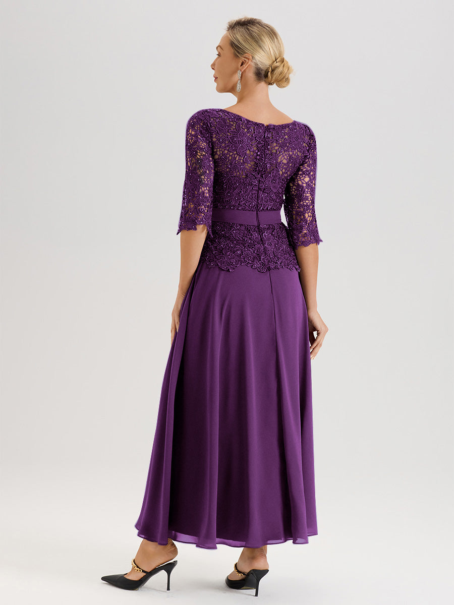 Cicinia Robe Mère De La Mariée En Raisin Longueur À La Cheville Col Rond Demi Manche En Mousseline Dentelle Trapèze