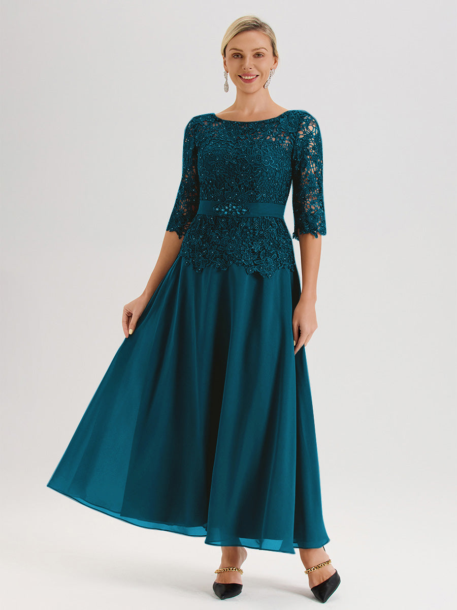 Cicinia Robe Mère De La Mariée Bleu Encre Longueur À La Cheville Col Rond Demi Manche En Mousseline Dentelle Trapèze