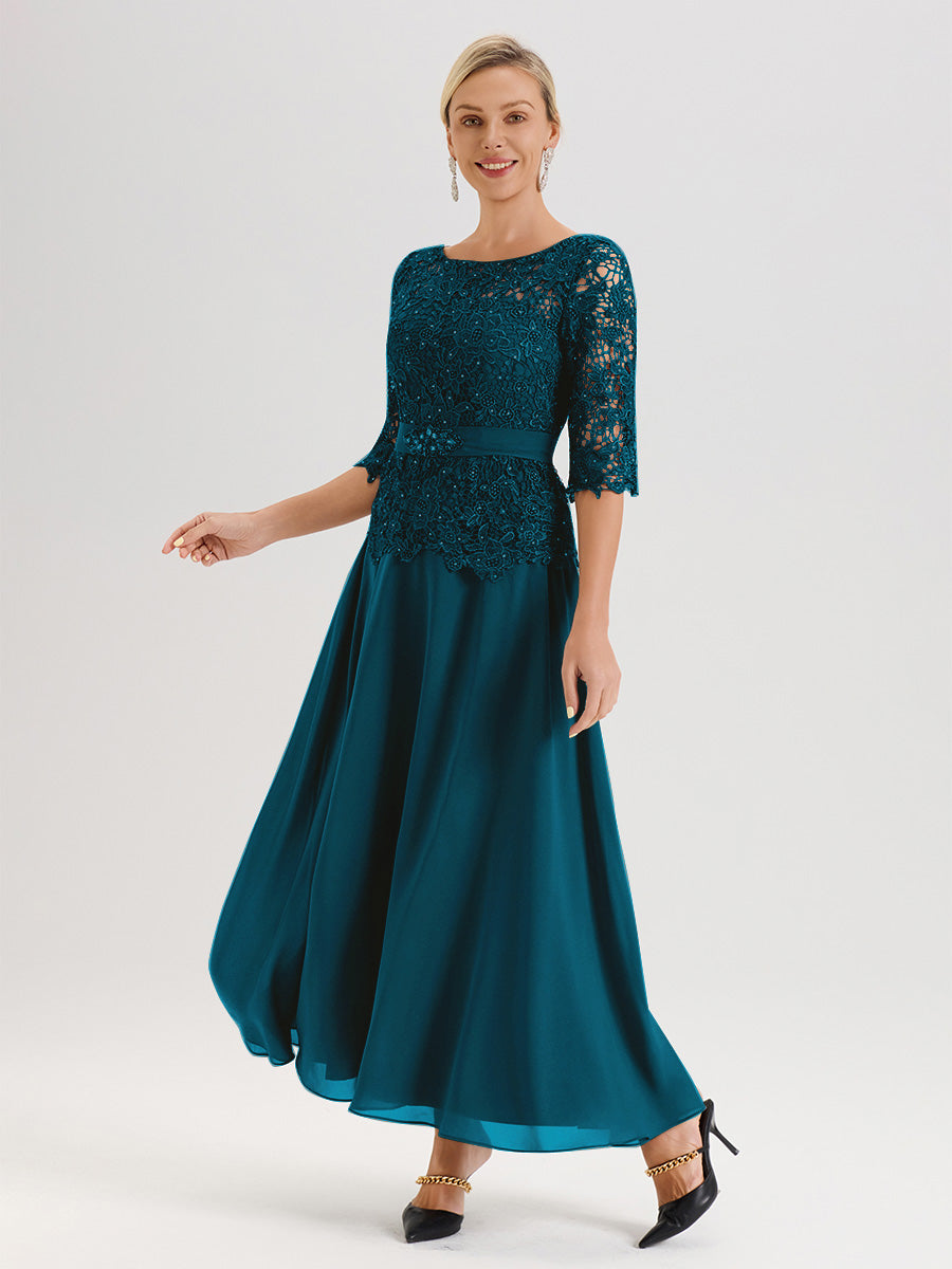 Cicinia Robe Mère De La Mariée Bleu Encre Longueur À La Cheville Col Rond Demi Manche En Mousseline Dentelle Trapèze