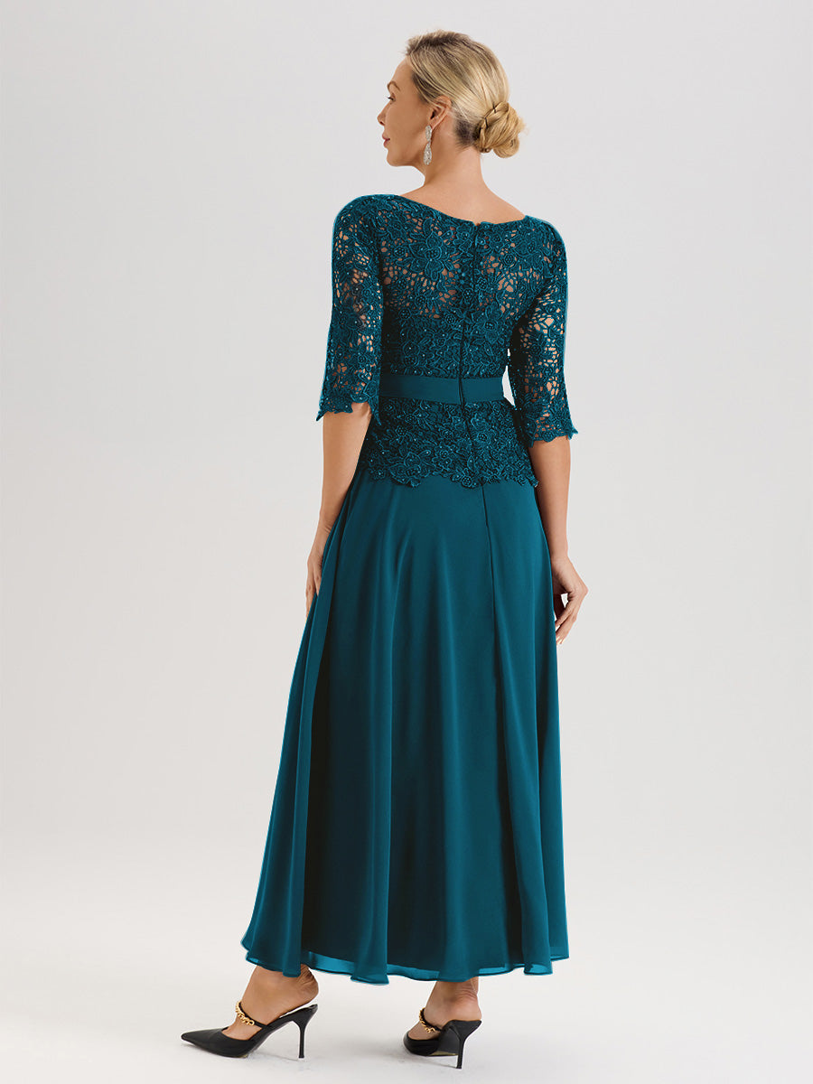 Cicinia Robe Mère De La Mariée Bleu Encre Longueur À La Cheville Col Rond Demi Manche En Mousseline Dentelle Trapèze