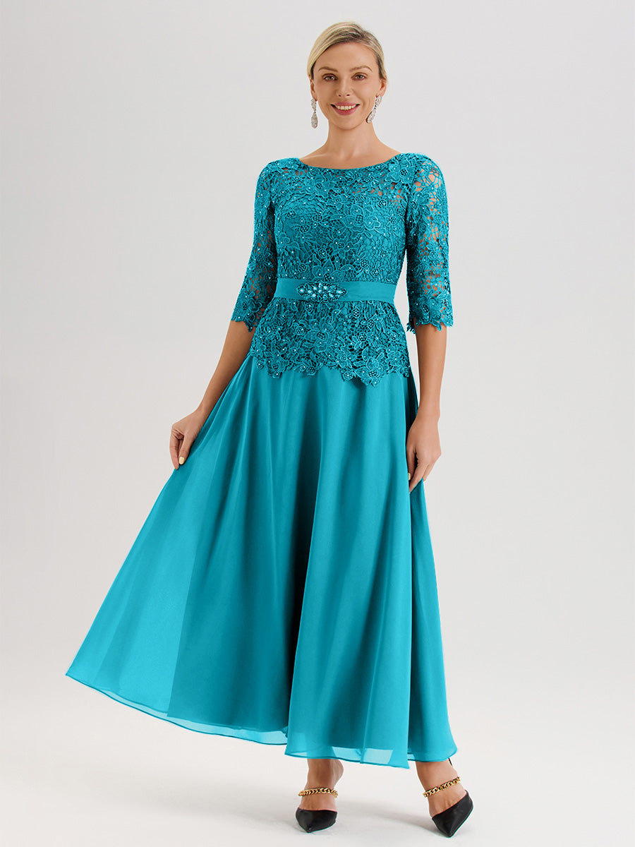 Cicinia Robe Mère De La Mariée Vert Jade Longueur À La Cheville Col Rond Demi Manche En Mousseline Dentelle Trapèze