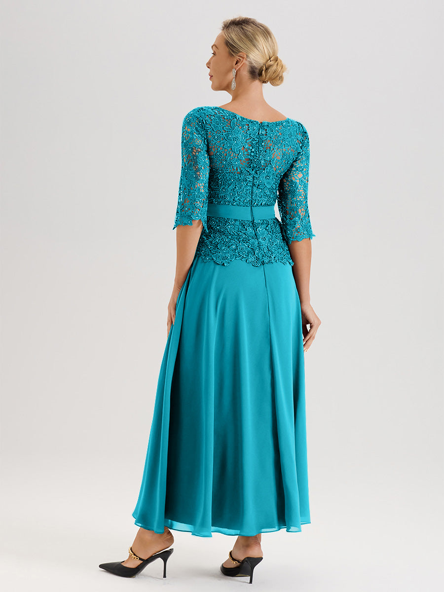 Cicinia Robe Mère De La Mariée Vert Jade Longueur À La Cheville Col Rond Demi Manche En Mousseline Dentelle Trapèze