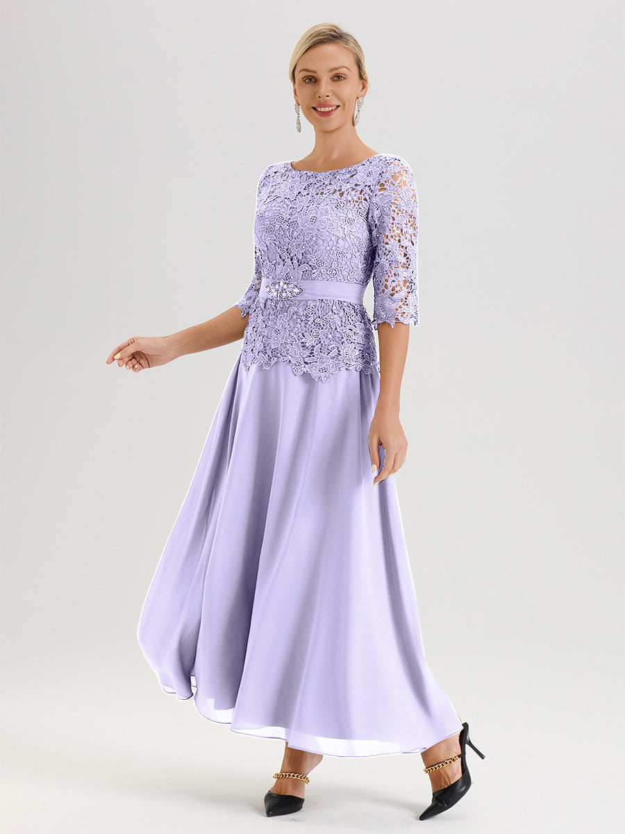 Cicinia Robe Mère De La Mariée Lilas Longueur À La Cheville Col Rond Demi Manche En Mousseline Dentelle Trapèze