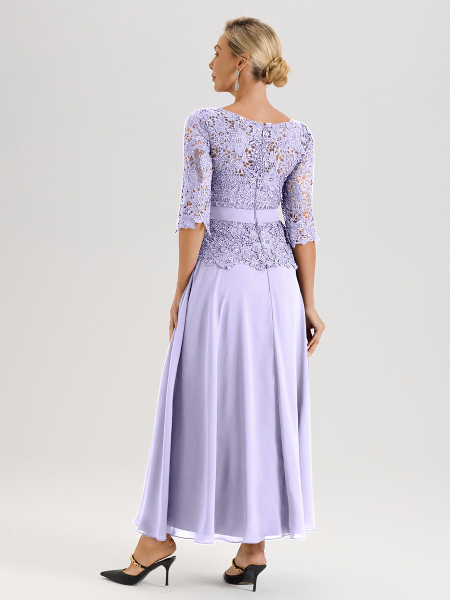 Cicinia Robe Mère De La Mariée Lilas Longueur À La Cheville Col Rond Demi Manche En Mousseline Dentelle Trapèze