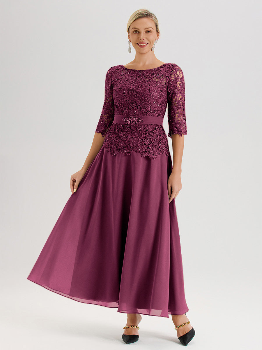 Cicinia Robe Mère De La Mariée Mûre Longueur À La Cheville Col Rond Demi Manche En Mousseline Dentelle Trapèze