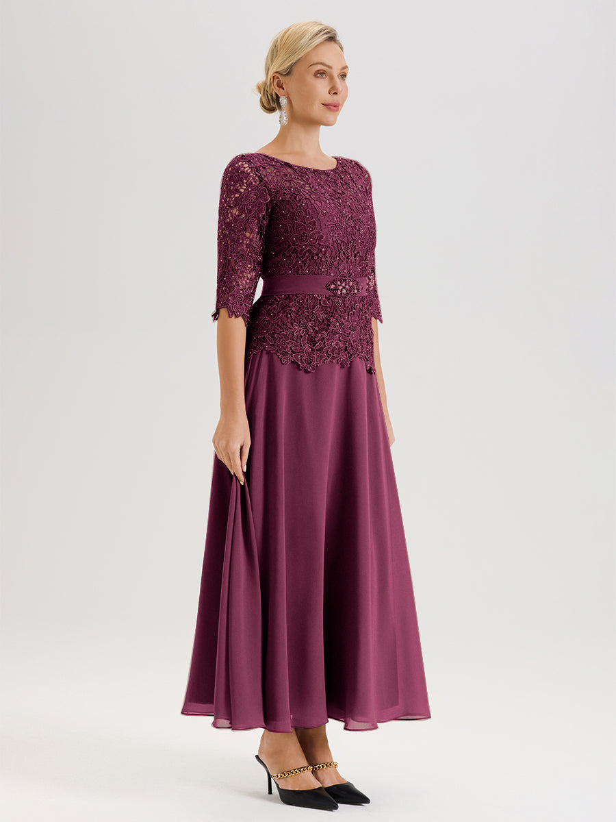 Cicinia Robe Mère De La Mariée Mûre Longueur À La Cheville Col Rond Demi Manche En Mousseline Dentelle Trapèze