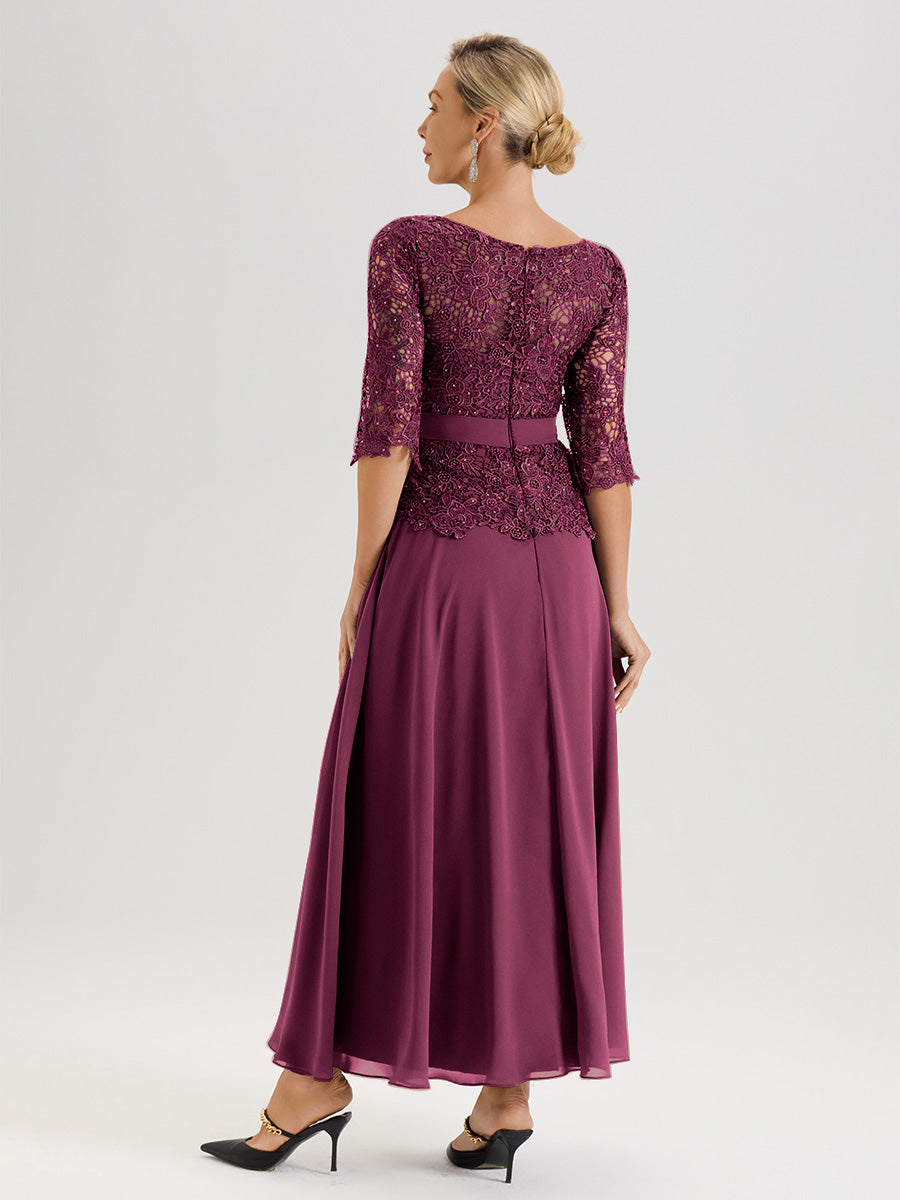 Cicinia Robe Mère De La Mariée Mûre Longueur À La Cheville Col Rond Demi Manche En Mousseline Dentelle Trapèze