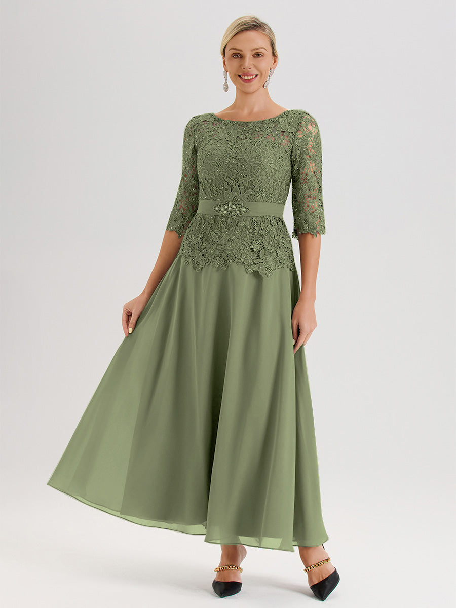 Cicinia Robe Mère De La Mariée Olive Longueur À La Cheville Col Rond Demi Manche En Mousseline Dentelle Trapèze